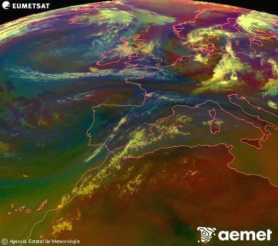 RGB composition where several channels of satellite Meteosat operational in 0� N 0� W are mixed, providing air mass and cloudiness features.&nbsp;Sunday, 19 July  2026 10:00