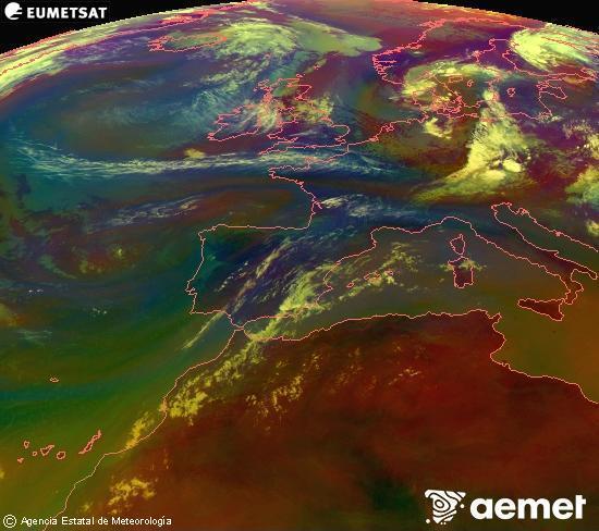 RGB composition where several channels of satellite Meteosat operational in 0� N 0� W are mixed, providing air mass and cloudiness features.&nbsp;Sunday, 19 July  2026 11:00
