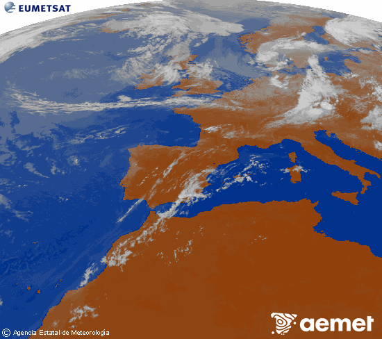 Imagen de la zona de Europa y Norte de �frica del canal infrarrojo del sat�lite Meteosat operacional en 0�N 0�W, procesada para darle color.&nbsp;igandea, 2026ko uztailak 19, ordua: 11:00