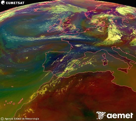 RGB composition where several channels of satellite Meteosat operational in 0� N 0� W are mixed, providing air mass and cloudiness features.&nbsp;Sunday, 19 July  2026 12:00