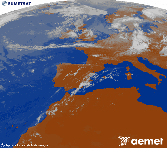 Imagen de la zona de Europa y Norte de �frica del canal infrarrojo del sat�lite Meteosat operacional en 0�N 0�W, procesada para darle color.&nbsp;igandea, 2026ko uztailak 19, ordua: 12:00