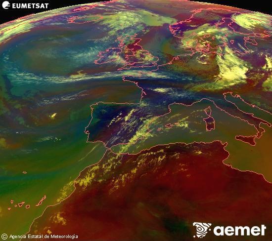 RGB composition where several channels of satellite Meteosat operational in 0� N 0� W are mixed, providing air mass and cloudiness features.&nbsp;Sunday, 19 July  2026 13:00