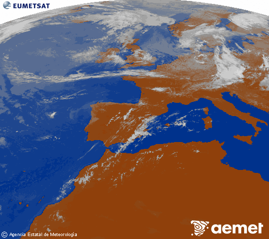 Imagen de la zona de Europa y Norte de �frica del canal infrarrojo del sat�lite Meteosat operacional en 0�N 0�W, procesada para darle color.&nbsp;dimanche, 19 juillet  2026 13:00