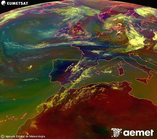 RGB composition where several channels of satellite Meteosat operational in 0� N 0� W are mixed, providing air mass and cloudiness features.&nbsp;Sunday, 19 July  2026 14:00