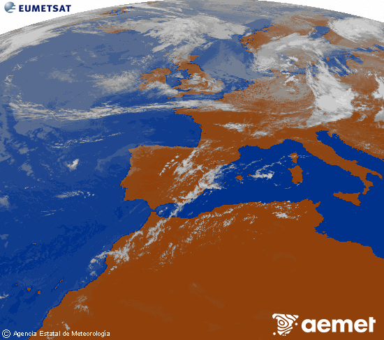 Imagen de la zona de Europa y Norte de �frica del canal infrarrojo del sat�lite Meteosat operacional en 0�N 0�W, procesada para darle color.&nbsp;dimanche, 19 juillet  2026 14:00