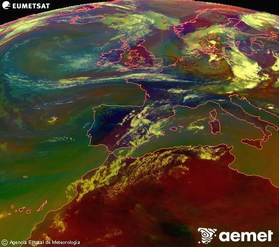 RGB composition where several channels of satellite Meteosat operational in 0� N 0� W are mixed, providing air mass and cloudiness features.&nbsp;Sunday, 19 July  2026 15:00