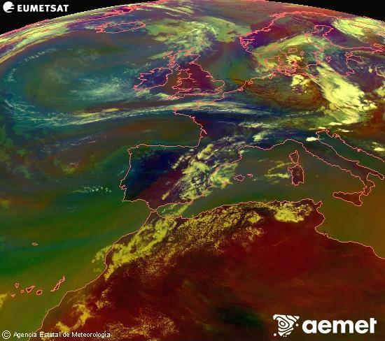 RGB composition where several channels of satellite Meteosat operational in 0� N 0� W are mixed, providing air mass and cloudiness features.&nbsp;Sunday, 19 July  2026 16:00