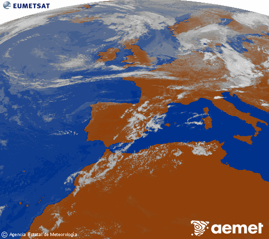 Imagen de la zona de Europa y Norte de �frica del canal infrarrojo del sat�lite Meteosat operacional en 0�N 0�W, procesada para darle color.&nbsp;dimanche, 19 juillet  2026 16:00