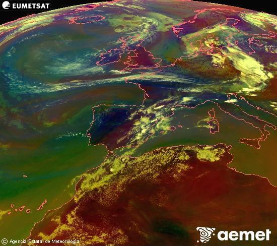 RGB composition where several channels of satellite Meteosat operational in 0� N 0� W are mixed, providing air mass and cloudiness features.&nbsp;Sunday, 19 July  2026 17:00