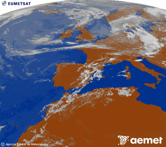 Imagen de la zona de Europa y Norte de �frica del canal infrarrojo del sat�lite Meteosat operacional en 0�N 0�W, procesada para darle color.&nbsp;dimanche, 19 juillet  2026 17:00