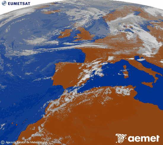 Imagen de la zona de Europa y Norte de �frica del canal infrarrojo del sat�lite Meteosat operacional en 0�N 0�W, procesada para darle color.&nbsp;dimanche, 19 juillet  2026 18:00