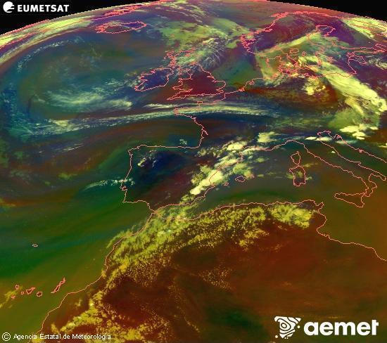 RGB composition where several channels of satellite Meteosat operational in 0� N 0� W are mixed, providing air mass and cloudiness features.&nbsp;Sunday, 19 July  2026 19:00