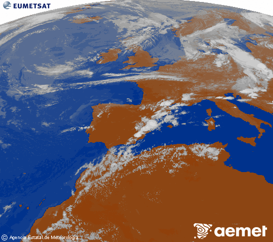Imagen de la zona de Europa y Norte de �frica del canal infrarrojo del sat�lite Meteosat operacional en 0�N 0�W, procesada para darle color.&nbsp;dimanche, 19 juillet  2026 19:00