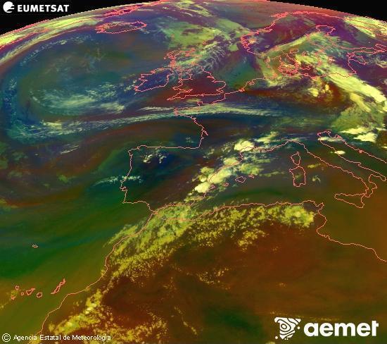 RGB composition where several channels of satellite Meteosat operational in 0� N 0� W are mixed, providing air mass and cloudiness features.&nbsp;Sunday, 19 July  2026 20:00