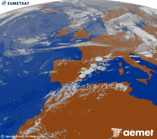 Imagen de la zona de Europa y Norte de �frica del canal infrarrojo del sat�lite Meteosat operacional en 0�N 0�W, procesada para darle color.&nbsp;dimanche, 19 juillet  2026 20:00