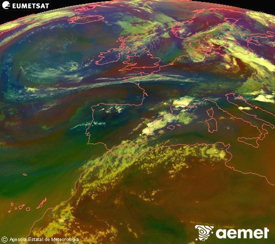 RGB composition where several channels of satellite Meteosat operational in 0� N 0� W are mixed, providing air mass and cloudiness features.&nbsp;Sunday, 19 July  2026 21:00