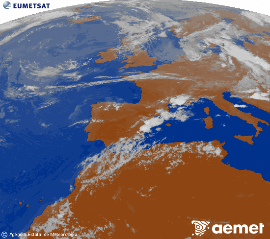 Imagen de la zona de Europa y Norte de �frica del canal infrarrojo del sat�lite Meteosat operacional en 0�N 0�W, procesada para darle color.&nbsp;dimanche, 19 juillet  2026 21:00