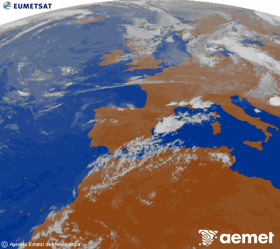 Imagen de la zona de Europa y Norte de �frica del canal infrarrojo del sat�lite Meteosat operacional en 0�N 0�W, procesada para darle color.&nbsp;dimanche, 19 juillet  2026 23:00
