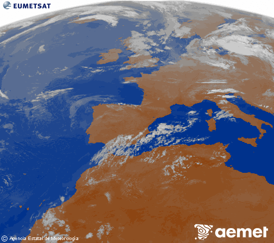 Imagen de la zona de Europa y Norte de �frica del canal infrarrojo del sat�lite Meteosat operacional en 0�N 0�W, procesada para darle color.&nbsp;lunes, 20 julio 2026 a las 04:00