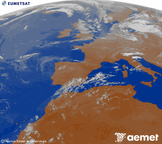 Imagen de la zona de Europa y Norte de �frica del canal infrarrojo del sat�lite Meteosat operacional en 0�N 0�W, procesada para darle color.&nbsp;lunes, 20 julio 2026 a las 05:00