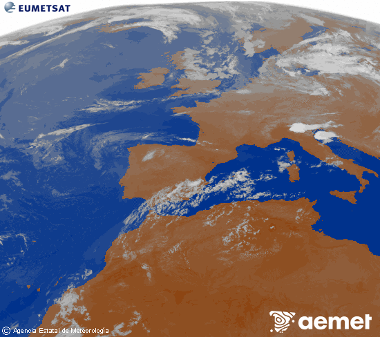 Imagen de la zona de Europa y Norte de �frica del canal infrarrojo del sat�lite Meteosat operacional en 0�N 0�W, procesada para darle color.&nbsp;lunes, 20 julio 2026 a las 06:00