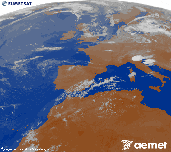 Imagen de la zona de Europa y Norte de �frica del canal infrarrojo del sat�lite Meteosat operacional en 0�N 0�W, procesada para darle color.&nbsp;lunes, 20 julio 2026 a las 07:00