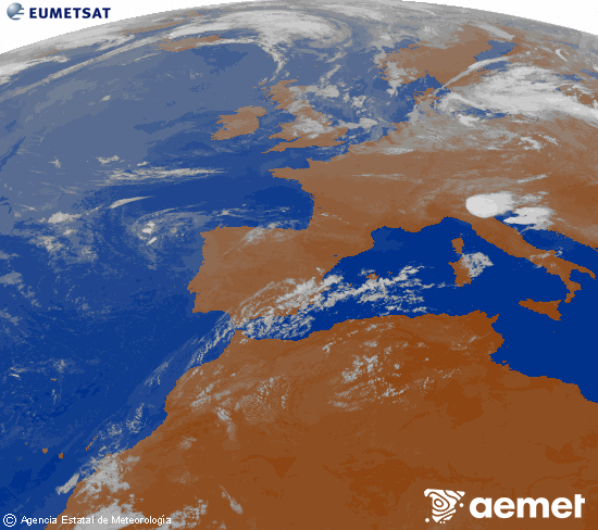 Imagen de la zona de Europa y Norte de �frica del canal infrarrojo del sat�lite Meteosat operacional en 0�N 0�W, procesada para darle color.&nbsp;dilluns, 20 de juliol  2026 08:00