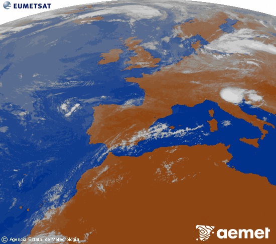 Imagen de la zona de Europa y Norte de �frica del canal infrarrojo del sat�lite Meteosat operacional en 0�N 0�W, procesada para darle color.&nbsp;dilluns, 20 de juliol  2026 10:00