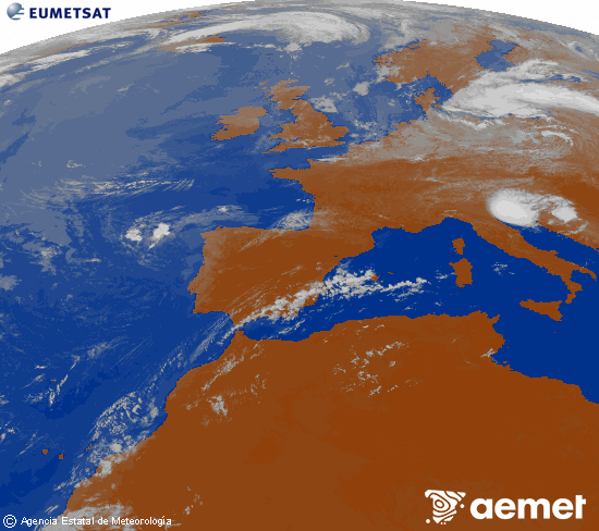 Imagen de la zona de Europa y Norte de �frica del canal infrarrojo del sat�lite Meteosat operacional en 0�N 0�W, procesada para darle color.&nbsp;dilluns, 20 de juliol  2026 11:00