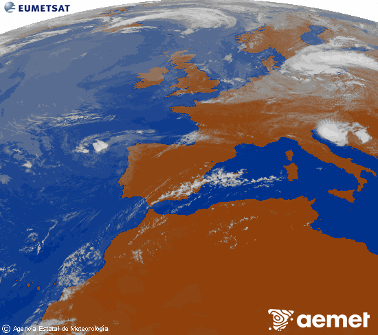 Imagen de la zona de Europa y Norte de �frica del canal infrarrojo del sat�lite Meteosat operacional en 0�N 0�W, procesada para darle color.&nbsp;lunes, 20 julio 2026 a las 12:00