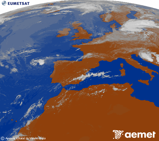 Imagen de la zona de Europa y Norte de �frica del canal infrarrojo del sat�lite Meteosat operacional en 0�N 0�W, procesada para darle color.&nbsp;lundi, 20 juillet  2026 14:00