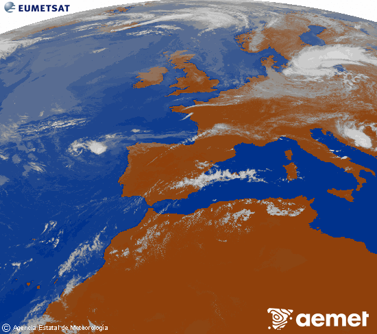 Imagen de la zona de Europa y Norte de �frica del canal infrarrojo del sat�lite Meteosat operacional en 0�N 0�W, procesada para darle color.&nbsp;lundi, 20 juillet  2026 15:00