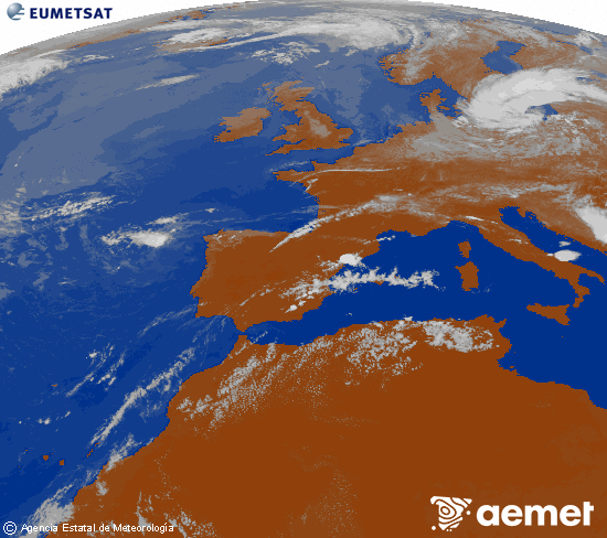 Imagen de la zona de Europa y Norte de �frica del canal infrarrojo del sat�lite Meteosat operacional en 0�N 0�W, procesada para darle color.&nbsp;lundi, 20 juillet  2026 17:00