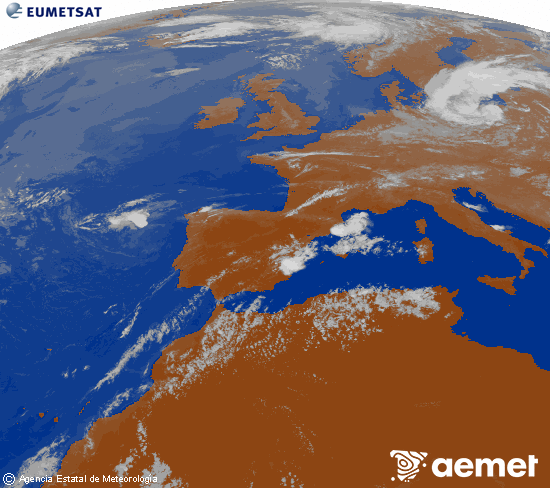 Imagen de la zona de Europa y Norte de �frica del canal infrarrojo del sat�lite Meteosat operacional en 0�N 0�W, procesada para darle color.&nbsp;lundi, 20 juillet  2026 20:00