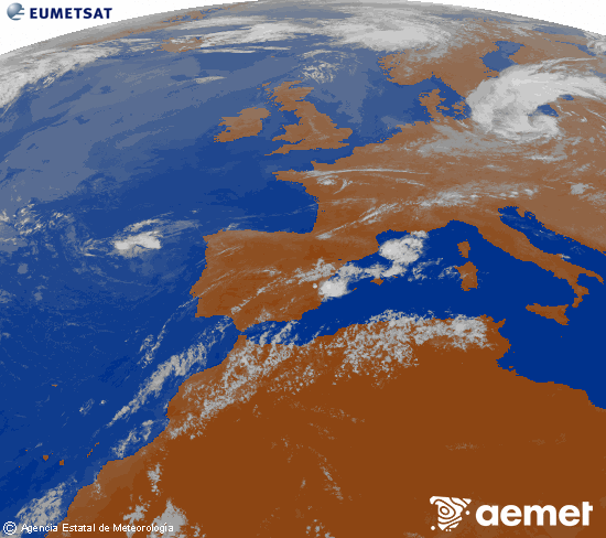 Imagen de la zona de Europa y Norte de �frica del canal infrarrojo del sat�lite Meteosat operacional en 0�N 0�W, procesada para darle color.&nbsp;lundi, 20 juillet  2026 21:00