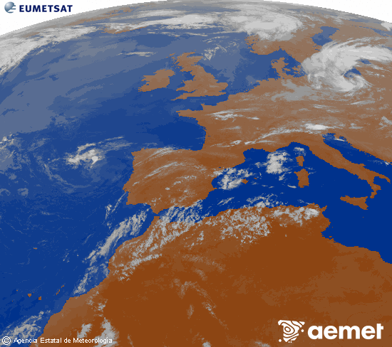 Imagen de la zona de Europa y Norte de �frica del canal infrarrojo del sat�lite Meteosat operacional en 0�N 0�W, procesada para darle color.&nbsp;lundi, 20 juillet  2026 23:00