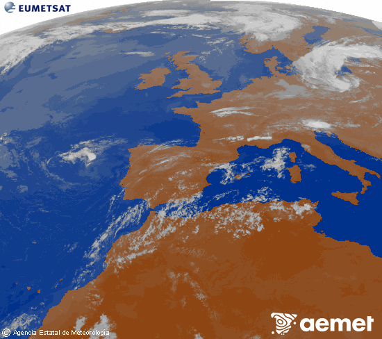 Imagen de la zona de Europa y Norte de �frica del canal infrarrojo del sat�lite Meteosat operacional en 0�N 0�W, procesada para darle color.&nbsp;mardi, 21 juillet  2026 00:00