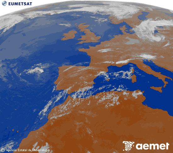 Imagen de la zona de Europa y Norte de �frica del canal infrarrojo del sat�lite Meteosat operacional en 0�N 0�W, procesada para darle color.&nbsp;mardi, 21 juillet  2026 01:00