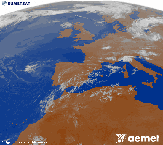 Imagen de la zona de Europa y Norte de �frica del canal infrarrojo del sat�lite Meteosat operacional en 0�N 0�W, procesada para darle color.&nbsp;asteartea, 2026ko uztailak 21, ordua: 04:00