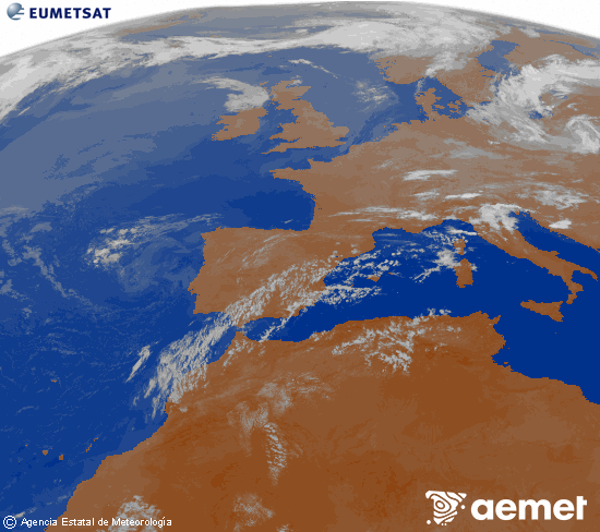 Imagen de la zona de Europa y Norte de �frica del canal infrarrojo del sat�lite Meteosat operacional en 0�N 0�W, procesada para darle color.&nbsp;asteartea, 2026ko uztailak 21, ordua: 06:00