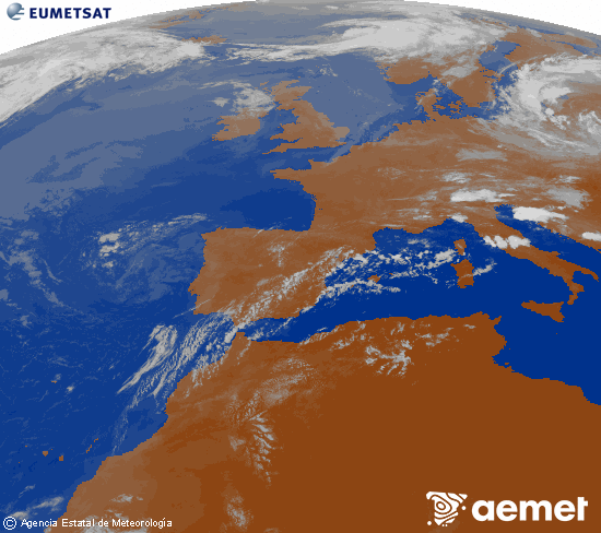 Imagen de la zona de Europa y Norte de �frica del canal infrarrojo del sat�lite Meteosat operacional en 0�N 0�W, procesada para darle color.&nbsp;asteartea, 2026ko uztailak 21, ordua: 09:00