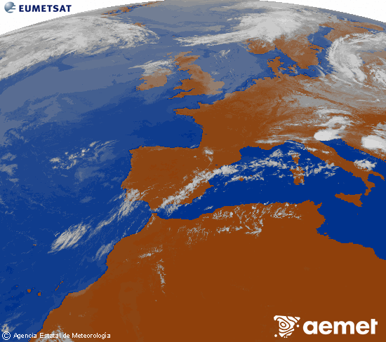 Imagen de la zona de Europa y Norte de �frica del canal infrarrojo del sat�lite Meteosat operacional en 0�N 0�W, procesada para darle color.&nbsp;asteartea, 2026ko uztailak 21, ordua: 13:00