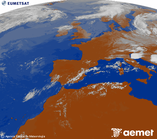 Imagen de la zona de Europa y Norte de �frica del canal infrarrojo del sat�lite Meteosat operacional en 0�N 0�W, procesada para darle color.&nbsp;asteartea, 2026ko uztailak 21, ordua: 14:00