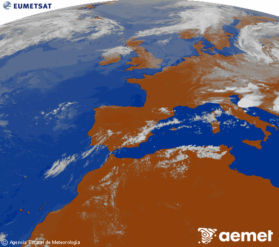 Imagen de la zona de Europa y Norte de �frica del canal infrarrojo del sat�lite Meteosat operacional en 0�N 0�W, procesada para darle color.&nbsp;asteartea, 2026ko uztailak 21, ordua: 15:00