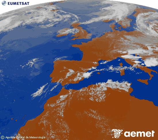Imagen de la zona de Europa y Norte de �frica del canal infrarrojo del sat�lite Meteosat operacional en 0�N 0�W, procesada para darle color.&nbsp;mardi, 21 juillet  2026 18:00