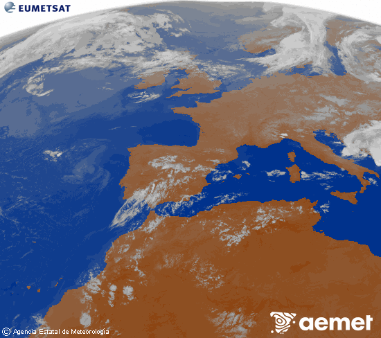 Imatge de la zona d'Europa i Nord d'�frica del canal infraroig del sat�l�lit Meteosat operacional en 0�N 0�W, processada per a donar-li color.&nbsp;dimecres, 22 de juliol  2026 03:00
