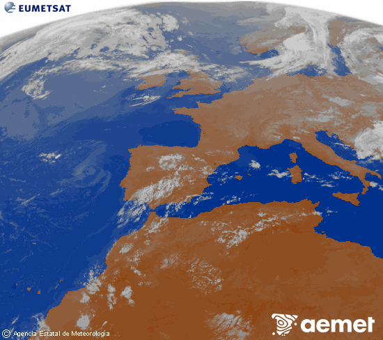 Imatge de la zona d'Europa i Nord d'�frica del canal infraroig del sat�l�lit Meteosat operacional en 0�N 0�W, processada per a donar-li color.&nbsp;dimecres, 22 de juliol  2026 04:00