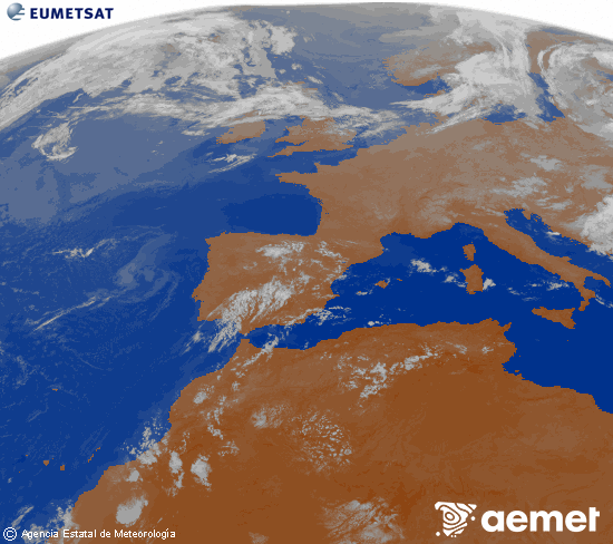 Imatge de la zona d'Europa i Nord d'�frica del canal infraroig del sat�l�lit Meteosat operacional en 0�N 0�W, processada per a donar-li color.&nbsp;dimecres, 22 de juliol  2026 05:00