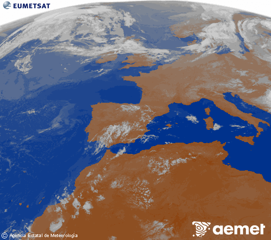 Imatge de la zona d'Europa i Nord d'�frica del canal infraroig del sat�l�lit Meteosat operacional en 0�N 0�W, processada per a donar-li color.&nbsp;dimecres, 22 de juliol  2026 06:00