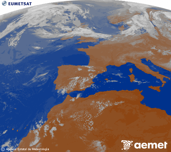 Imagen de la zona de Europa y Norte de �frica del canal infrarrojo del sat�lite Meteosat operacional en 0�N 0�W, procesada para darle color.&nbsp;asteazkena, 2026ko uztailak 22, ordua: 08:00